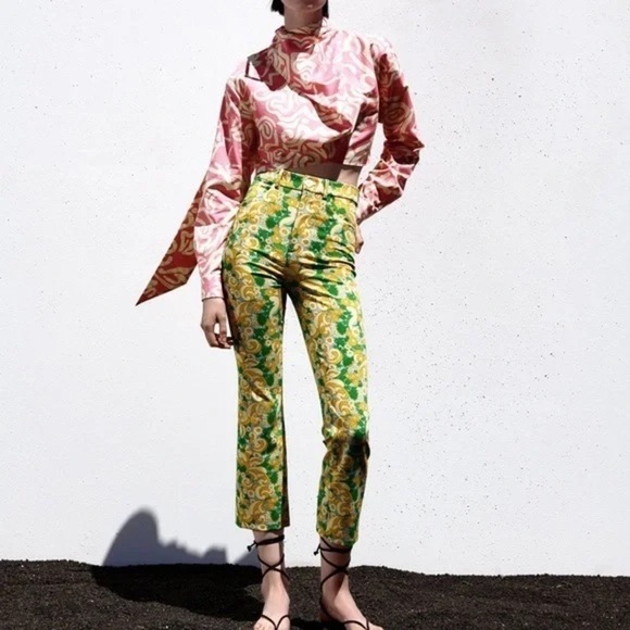 💚ZARA,Psychedelic Green/Yellow 1960’s Floral Printed High-rise Trouser,Size XS - Picture 4 of 14